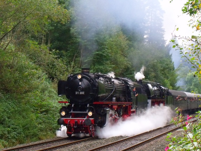 01 202 + 01 509 vor Pendelzug auf der Schiefen Ebene (es schiebt 64 491) bei km 80,7 um 13:01h am 20.09.2014