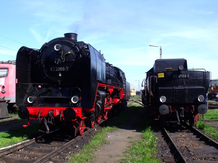 01 066 neben der 52 8168 im Bw Nördlingen, morgens um 9:52h am 16.05.2015