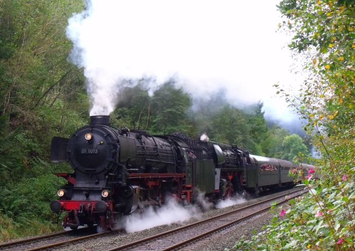 01 1075 + 01 533 auf der Schiefen Ebene mit Pendelzug nach Marktschorgast, bei km 80,7 im Wald, um 13:26h am 20.09.2014