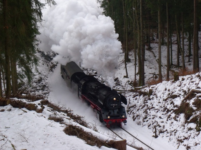 41 1144 mit dem RE Rodelblitz (Eisenach -> Arnstadt) in heftigster Lautstärke und ungewohnt hohem Tempo durch den Wald-Einschnitt vor Altersbach, Strecken-km 15,9, um 10:16h am 11.02.2017