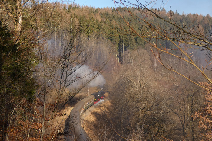 41 1144 mit Rodelblitz (Eisenach→Arnstadt), in der großen Kurve vor Altersbach, um 12:00h am 28.01.2024