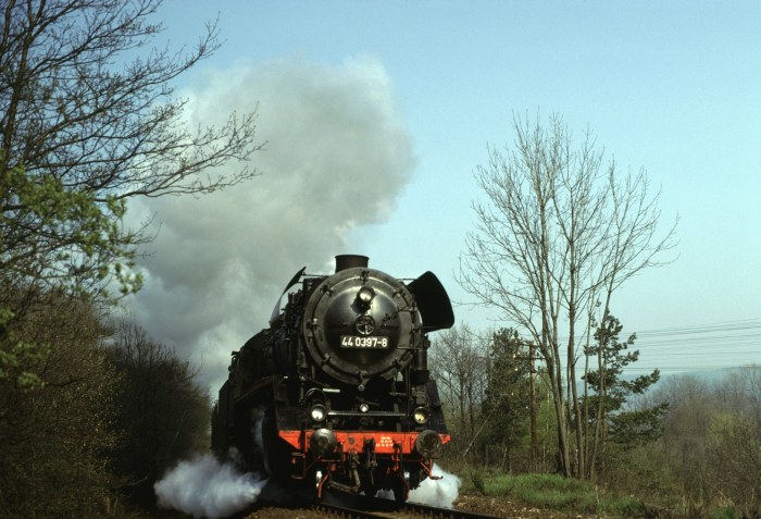 44 0397 mit Güterzug vorm Oppurger Tunnel, am 10.05.1980
