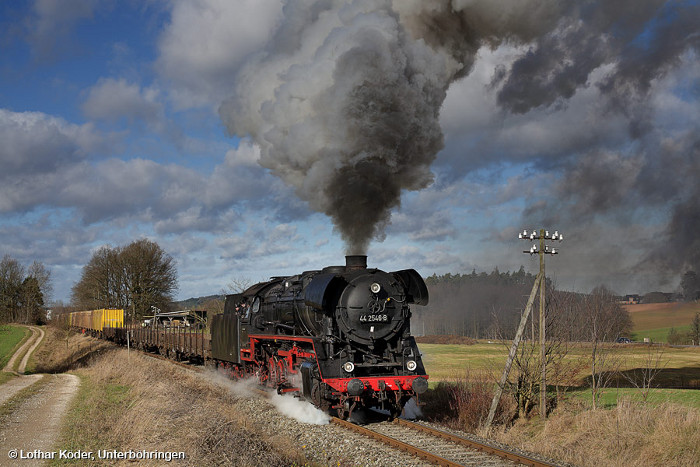 44 2546 mit Hackschnitzelwagen-Sondergüterzug Dzg 64863 hinter Wildburgstetten, 23.11.2009