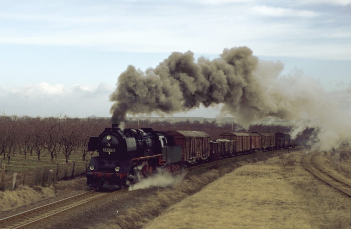 50 3552 mit Ng 66781 an der Einfahrt von Bad Suderode, um 8:05h am 28.03.1987