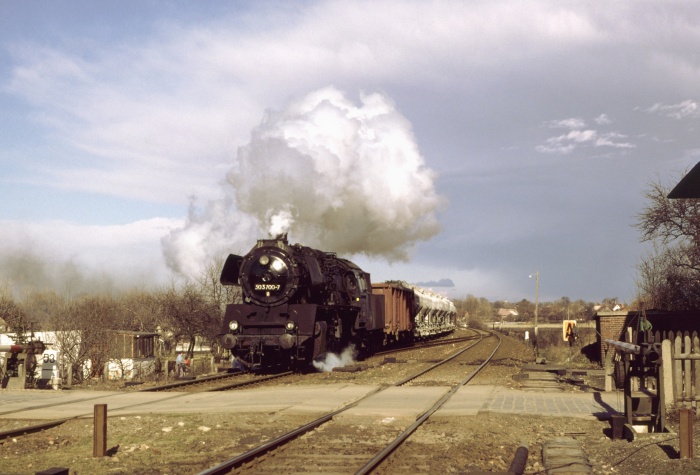 50 3700 mit Güterzug aus Oschersleben Durchfahrt Groß Quenstedt, 28.03.1987