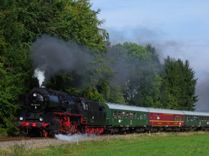 50 3616 mit Pz 91600 weit hinter Walthersdorf, bei km 4,5 kurz vor dem Scheitelpunkt der Strecke nach Annaberg-Buchholz, um 10:30h am 01.10.2016