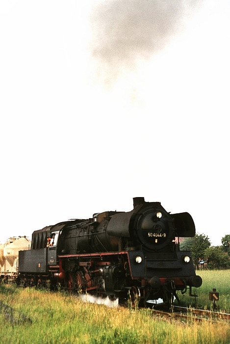 50 4044 mit Silowagenzug Ausfahrt Weisen (bei Perleberg), am 23.06.1976