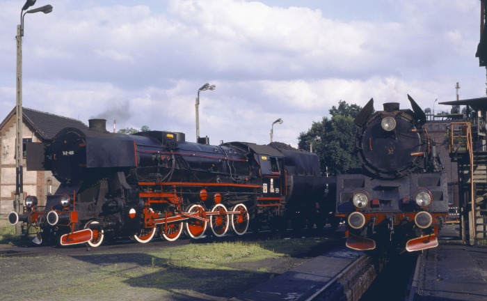 Ty2‑406 (unter Dampf) wartet im Bw Wolsztyn neben der Ol49‑32 auf ihren nächsten Einsatz, nachmittags am 04.07.1995
