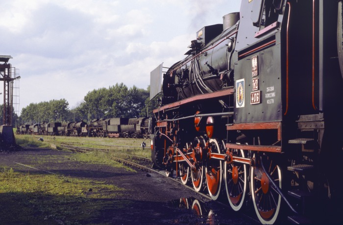 Blick entlang der Ty2‑406 auf die andere Seite der Bahnhofsgleise (Ostseite des Bahnhofs) auf die dort zahlreich abgestellten kalten Lokomotiven, nachmittags am 04.07.1995