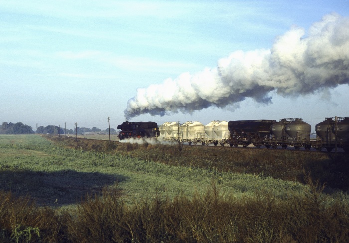 52 8150 mit Güterzug nach Weferlingen bei Süplingen, 29.09.1982