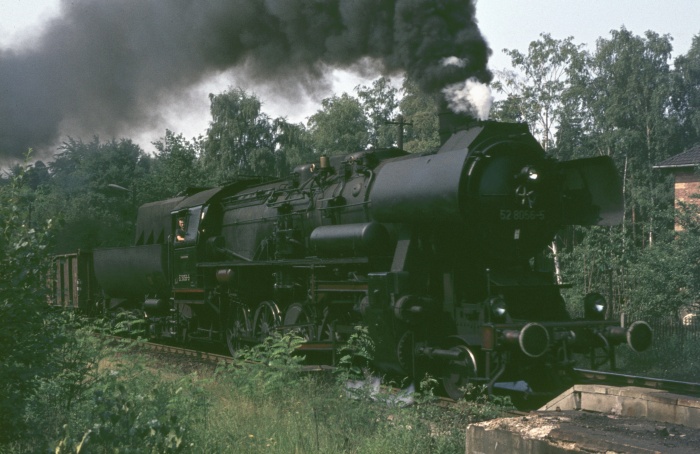 52 8056 mit Güterzug Richtung Bischofswerda-Bautzen, direkt an der Einfahrt von Dresen-Klotzsche, um morgens um 8:50h am 16.07.1976