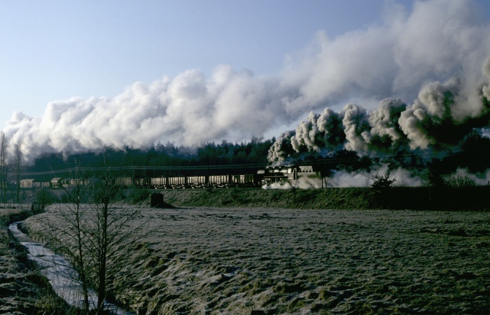 Durchgangsgüterzug nach Dresden: Schublok 52 8013 an den großen Wiesen hinter Pulsnitz, am 21.02.1982 um 8:25h