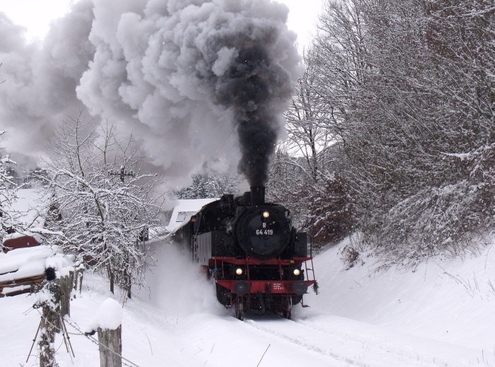 64 419 mit Zug Schorndorf→Welzheim, im Schnee hinterm Strümpfelbachtal-Viadukt am Waldrand, um 10:44h am 19.12.2010