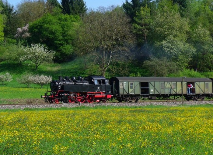 64 419 wird selbst völlig lautlos von der V60 aus Miedelsbach mit einer unglaublichen Beschleunigung und Qualmwolke (der V60!!) hinterm Sportplatz mit Zug nach Welzheim an den schön bunten Wiesen vorbei auf Streckenhöchstgeschwindigkeit geschoben, was....zum Glück auf dem Foto gar nicht stört. Sieht ja auch richtig schön aus. Fotografiert um 16:11h am 05.05.2016
