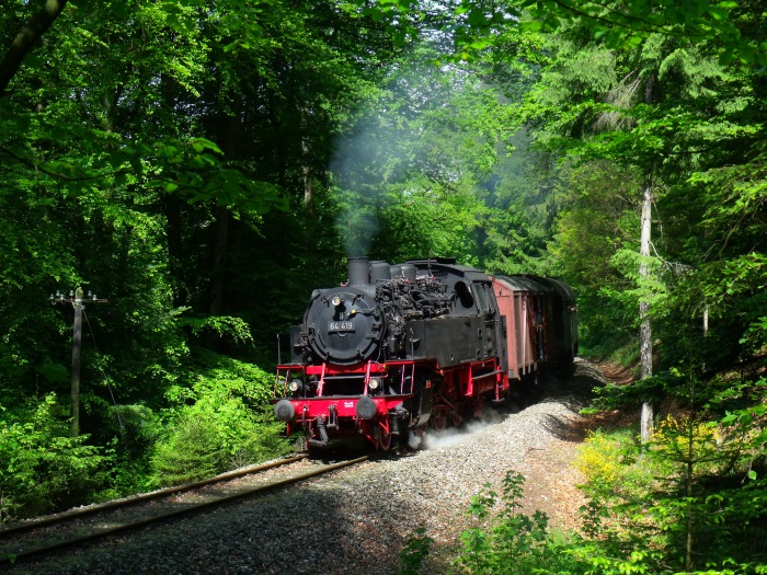 64 419 Zug Schorndorf→Welzheim, hinter Laufenmühle im Wald (bei Km 17,7), um 11:27h am 26.05.2019