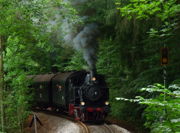 70 083 mit Pendel-Sonderzug Tegernsee→Schaftlach, in der Steigung hinter Gmund, um 13.29h am 01.08.2015
