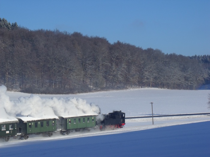 930 Tv mit Alb-Bahn-Sonderzug Engstingen -> Münsingen, kurz hinter Engstingen, um 10:36h am 06.01.2017