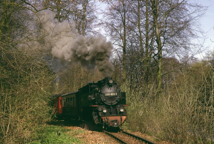 099 901 (99 321) mit P 14141 an der Ausfahrt von Heiligendamm Richtung Bad Doberan, um 10:52h am 21.04.1992