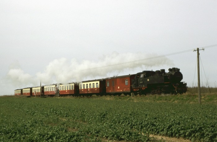 099 901 (99 321) mit P 14145 Richtung Bad Doberan, hinterm Haltepunkt Steilküste, an dem - leider - nur selten angehalten wird, um 13:37h am 21.04.1992