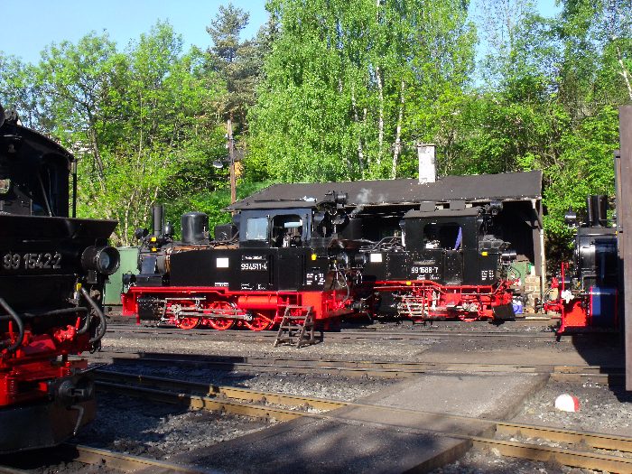 99 1542, 99 4511, 99 1568 und AQUARIUS C vorm Lokschuppen in Jöhstadt, um 8:10h am 26.05.2012
