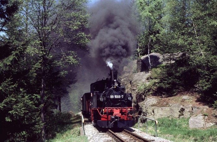 99 1568 mit PmG am Loreleifelsen vor Schlössel, am 25.05.2001