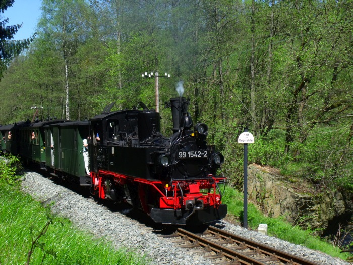 99 1542 mit Zug Nr.25 an der Einfahrt von Schlössel kam spät genug, um - leider! - nicht anhalten und wieder anfahren zu müssen, um 14:38h am 19.05.2013