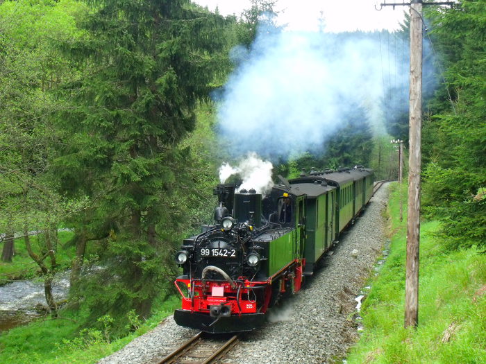 99 1542 mit Zug Nr.23 direkt neben dem laut rauschenden “Schwarzwasser”, fotografiert hinter der Kurve mit der berühmten Naturstein-Stüzmauer, um 12:33h am 20.05.2013