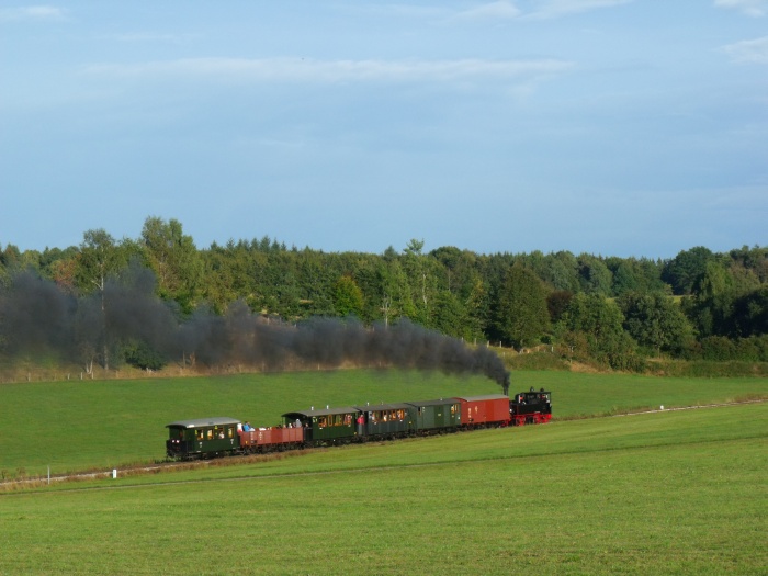 99 633 Tv mit Zug Warthausen-Ochsenhausen, in der Steigung bei Wennedach, um 18:24h am 13.09.2015