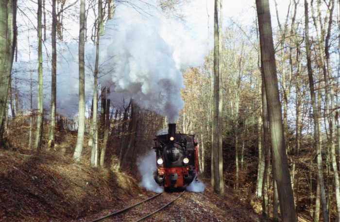 99 7203 mit Nikolauszug im Wald im Duital, am 07.12.2003