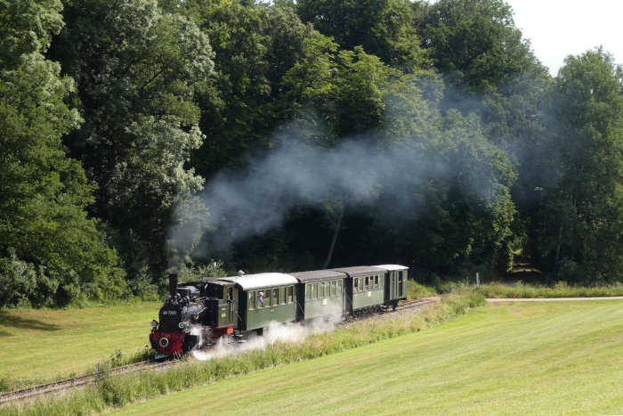 99 7203  mit dem vollständig grünen Oppinger Zug hinter dem Bahnübergang am oberen Waldrand am Duital, um 10:12h am 26.06.2022