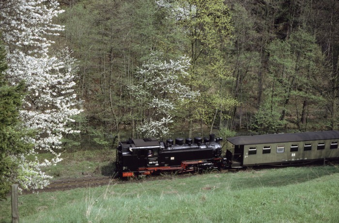 099 744 (99 780) Tv mit P 14266 abwärts im Rabenauer Grund, am 30.04.1992