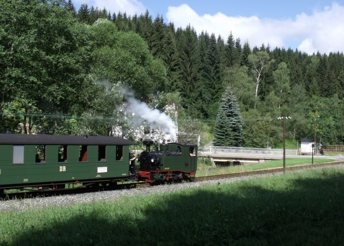 No 54 Tv mit Zug Nr.10 auf der Preßnitztalbahn abwärts, kurz oberhalb vor Bahnhof Schlössel, um 10:14h am 23.07.2011