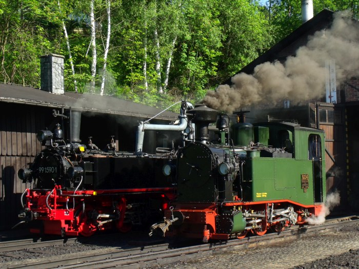 No.54 neben 99 1590 im Bw Jöhstadt, morgens um 8:36h am Samstag vor Pfingsten, dem 07.06.2014
