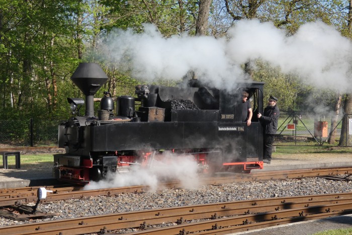 Es folgt Umsetzen der 99 3317, die dann hier vorfahren muss, um auf das Gleis mit den abzuholenden Wagen zu kommen, um 9:34h am 20.04.2025