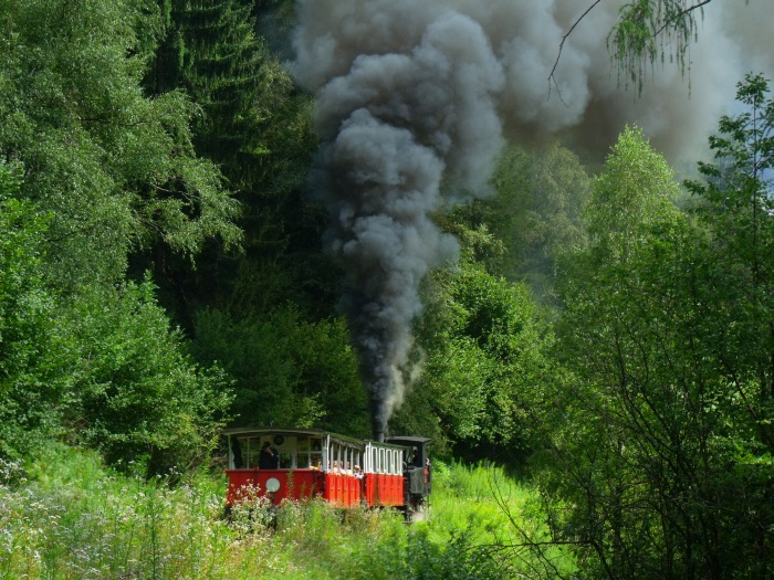 Lok 3 der AsB schiebt die in diesen Hauptsaison üblichen und schön schweren 2 Wagen von Jenbach hoch zum Achensee, wenige hundert Meter hinter dem Haltepunkt Burgeck fotografiert und synchron akustisch aufgenommen, um 15:16h am 02.08.2017