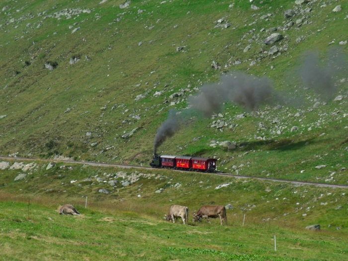 Lok 6 mit Zug Nr.139 nach Gletsch, oberhalb vom Steinstafelviadukt, ca. 11:55h am 26.08.2017