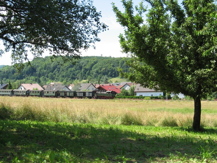 Nr.16 Tv mit Zug Neuffen-Nürtingen, oberhalb von Haltepunkt Frickenhausen- Kelterstraße, um 11:59h am 17.06.2007
