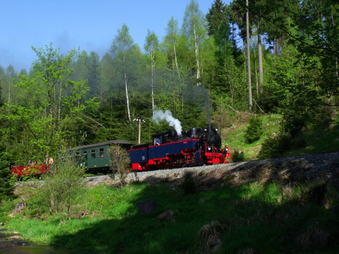 AQUARIUS C mit Zug 55 im schönen, strahlenden Nachmittagslicht am Ufer des Schwarzwasser- Flusses vorm Haltepunkt Loreleifelsen, um 17:02h am 19.05.2013