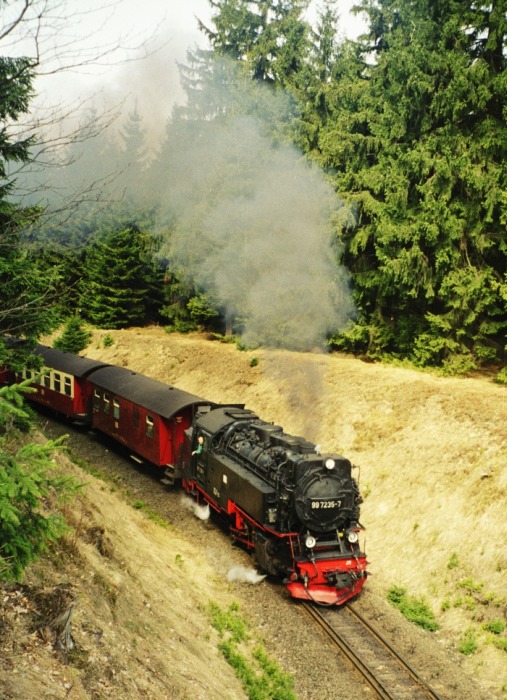 99 7235 mitZug 8903 vor der 2.Waldwegbrücke am Kälberbruch fotografiert, am 30.03.2003