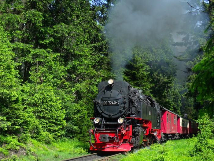 99 7240 mit dem ersten Brockenzug des Tages, dem 8931, hinter der Eckerloch-Kurve beim Lichtsignal, um 10:22h am 08.06.2016