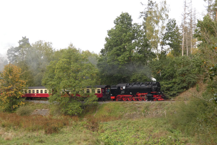 99 7240 mit Zug 8982 hinter dem Bü der B242 am Lange Tal Bach unterhalb von Harzgerode, um 13:44h am 06.10.2023