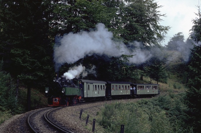 Nr.11 (99 5901) mit Sonderzug am Drängetal zwischen Steinerne Renne und Drei Annen, am 29.08.1989