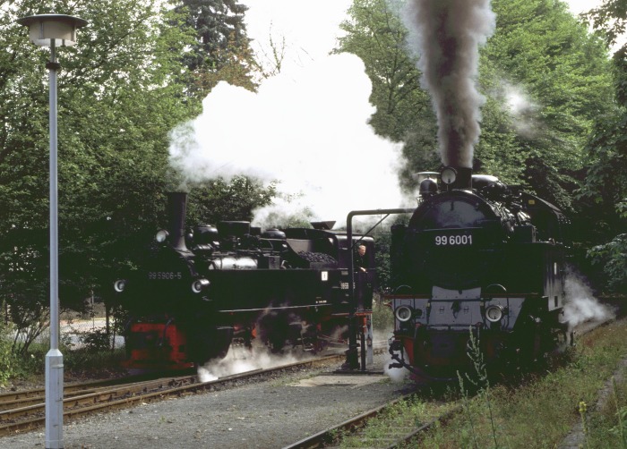 99 5906 aus Zug 8953 setzt um und fährt dabei an 99 6001 (aus Zug 8961), die gerade Wasser erhält, Bahnhof Alexisbad, um 9:25h am 16.07.1999