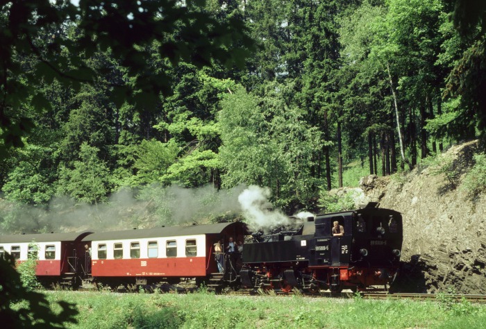 99 5906 Tv mit 8962 nach Gernrode, Felsenwand bei Drahtzug, am 03.06.2000