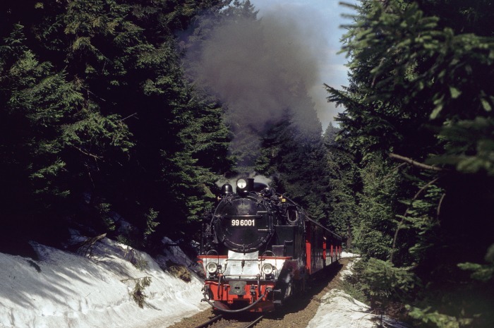 99 6001 mit Sonderzug zum Brocken, am Eckerloch, am 03.04.1999