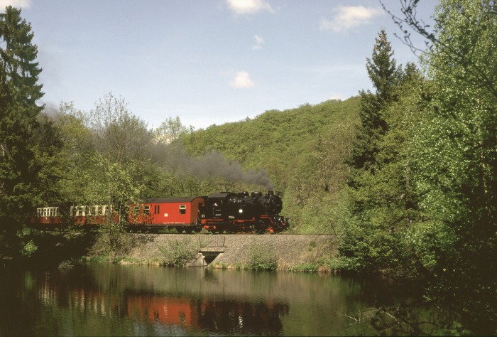 99 6001 mit 8965 am Heiligen Teich zwischen Gernrode und Sternhaus, am 12.05.2001