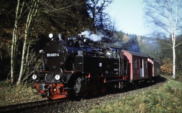 99 6001 mit Zug 8961 am Bundesstraßen- Bahnübergang (B185) unterhalb der Heinrichsburg- Ruine kurz vor Mägdesprung abwärts fahrend, um 9:05h am 30.10.2005