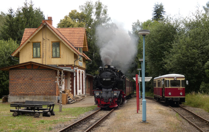 99 6001 mit 8967 (→Hasselfelde) kreuzt Diesel-Triebwagen (als 8916) im Bahnhof Straßberg, um 15:30h am 25.07.2021