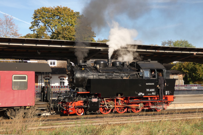 99 6001  ist soeben mit Zug 8962 in Quedlinburg eingetroffen und wird jetzt umsetzen, um an die Spitze des Zuges Richtung Gernrode zu gehen, 10:24h am 25.10.2023