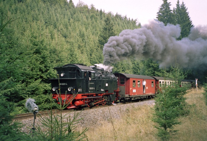 99 6001 Tv mit Sonderzug zum Brocken im Tiefenbachtal, am 06.09.2003